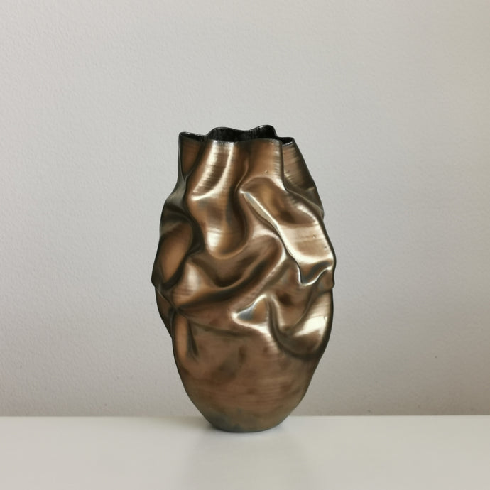 Tall Golden Crumpled Form N.131, Medium Ceramic Sculpture, Objet D'Art