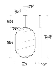 Set of 2 Bespoke Ceiling Suspended Capsula™ Mirrors Minimalist Nickel-Plated Frame 1 Arm (762 x 508 x 41mm)