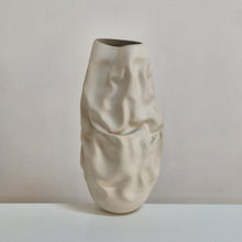 White Crumpled Form Ceramic Vessel, Unique Sculpture