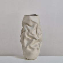 White Crumpled Form Ceramic Vessel, Unique Sculpture
