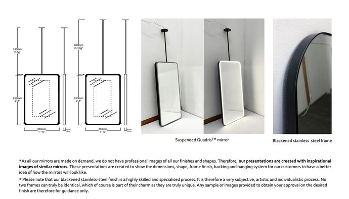 Set of 2 Bespoke Suspended Quadris™ Mirrors Blackened Stainless Steel Frame Front Illumination On/off Sensor Demister Pad 1 Rod (813 x 559 x 41mm)