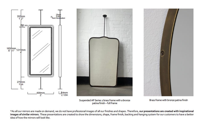 Set of 2 Bespoke Suspended Quadris™ Mirrors Full Frame Brass with Bronze Patina Finish 2 rods(Top & Bottom) Special Front illumination (1219 x 609 x 54mm)