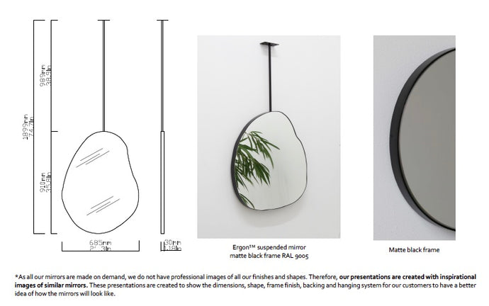 Bespoke Suspended Ergon™ Organic Mirror Matte Black Frame 1 Rod (910 x 685 x 30mm)
