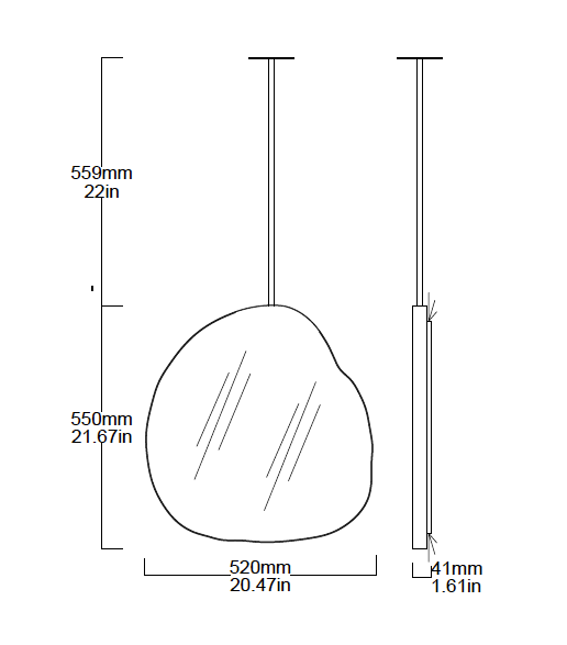 Bespoke Suspended Ergon™ Organic Shape Mirror Blackened Stainless Steel Frame 1 rod Back Illumination (550 x 520 x 30 x 41mm)