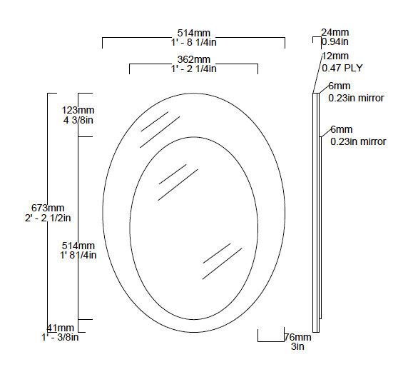 Bespoke Oval Shape: 2 Juxtaposed Mirrors Frameless Plywood Backing with Velvet Finish Back Mirror Bronze or Peach/Rose gold (673 x 514 x 6mm) and Front Mirror Silver Tint (514 x 362 x 6mm) 