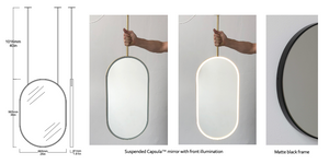 Set of 2 Bespoke Suspended Capsula™ Mirrors Matte Black Frame RAL 9005 and Front Illumination 2 Rods (965 x 660 x 41mm)       