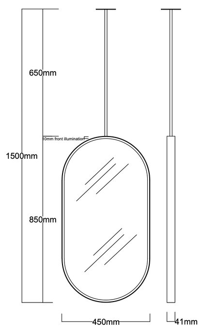 Bespoke Suspended Capsula™ Mirror with Polished Stainless Steel Frame 1 Rod (850 x 450 x 41mm)