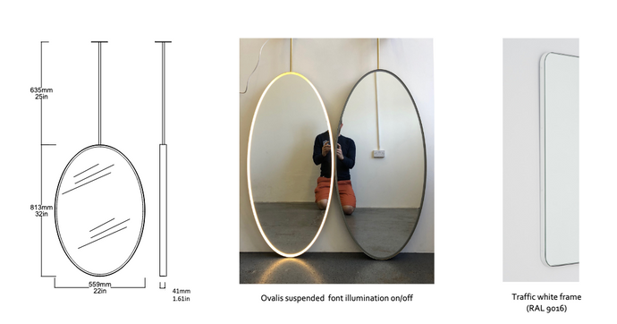 Set of two bespoke Suspended Ovalis™ Mirrors Traffic White Frame (RAL 9016) Front Illumination 1 rod (813 x 559 x 41mm)