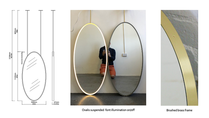 Bespoke Suspended Ovalis™ Mirror Brushed Brass Frame Front Illumination 2 rods  (1143 x 559 x 41mm) 