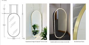 Bespoke suspended Capsula™ mirror Brushed Brass Frame Double Sided Front Illumination on Both Sides 4 Rods (1501.57 x 765.17 x 54mm)