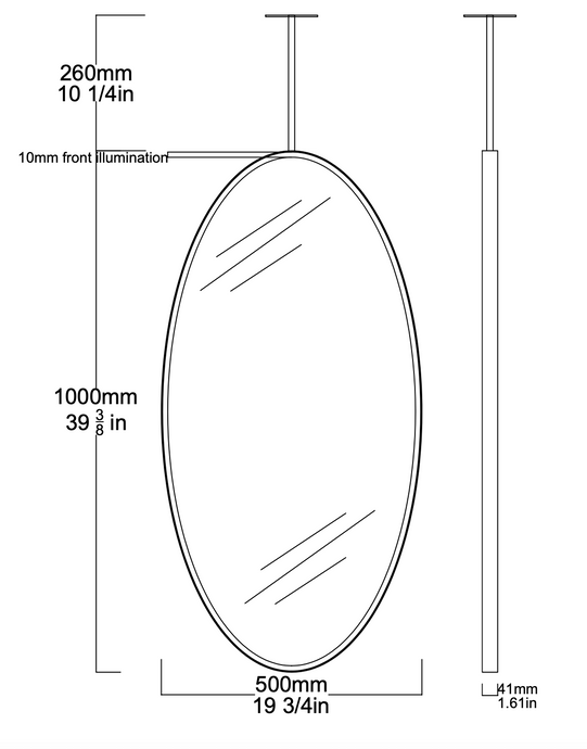 Set of 2 Bespoke Suspended Ovalis™ Mirrors Matte Black Frame Front illumination (RAL 9005) 1 Rod (1000 x 500 x 41mm)