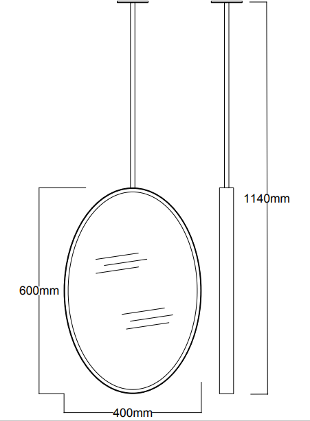 Set of 2 Bespoke Suspended Ovalis™ Mirrors Blackened Stainless Steel Frame 1 Rod Front illumination (600 x 400 x 41mm)