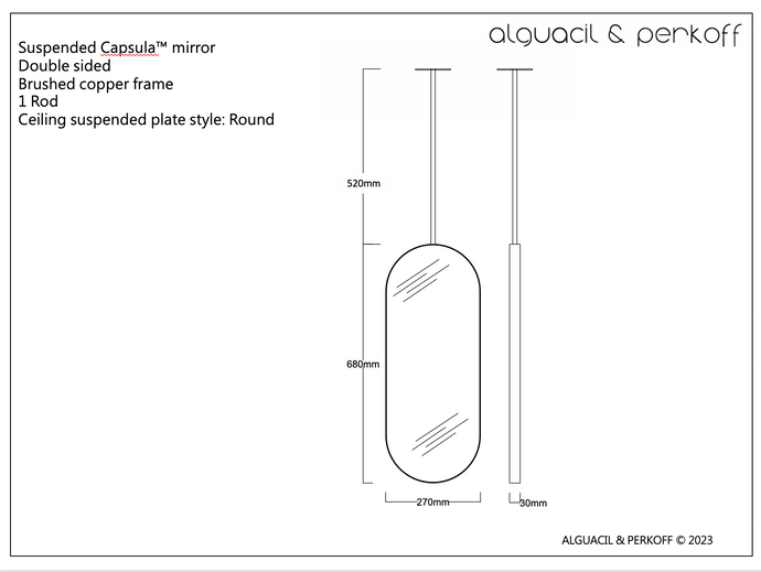 Bespoke Double Sided Suspended Capsula™ Mirror Brushed Copper Frame 680x270mm