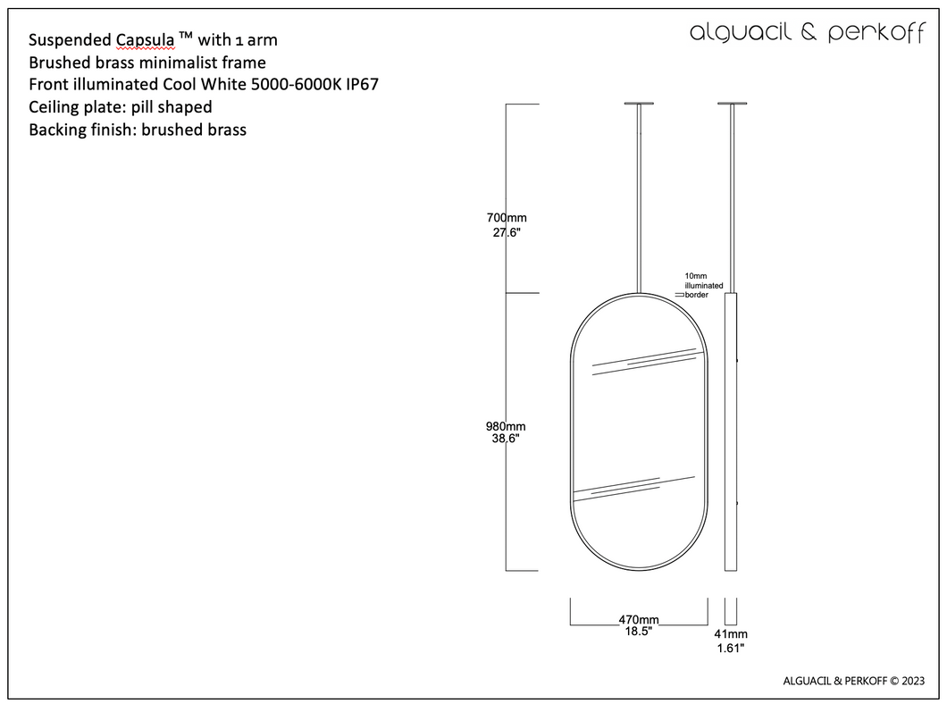 Bespoke Suspended Capsula™ Mirror Front Illuminated Sensor Switch Brushed Brass Frame and Backing 970x480mm