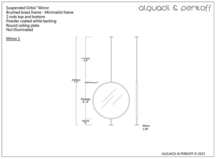 Set of 2 Bespoke Suspended Orbis Mirrors Brushed Brass Frame Diam 914 and Diam 1219