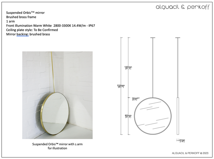 Bespoke Suspended Orbis™ Mirror Brushed Brass Frame Diam800x41mm