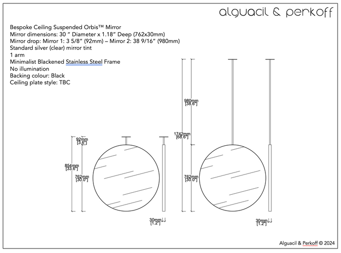 Set of two Bespoke Ceiling Suspended Orbis™ Mirror Blackened SS Frame 30