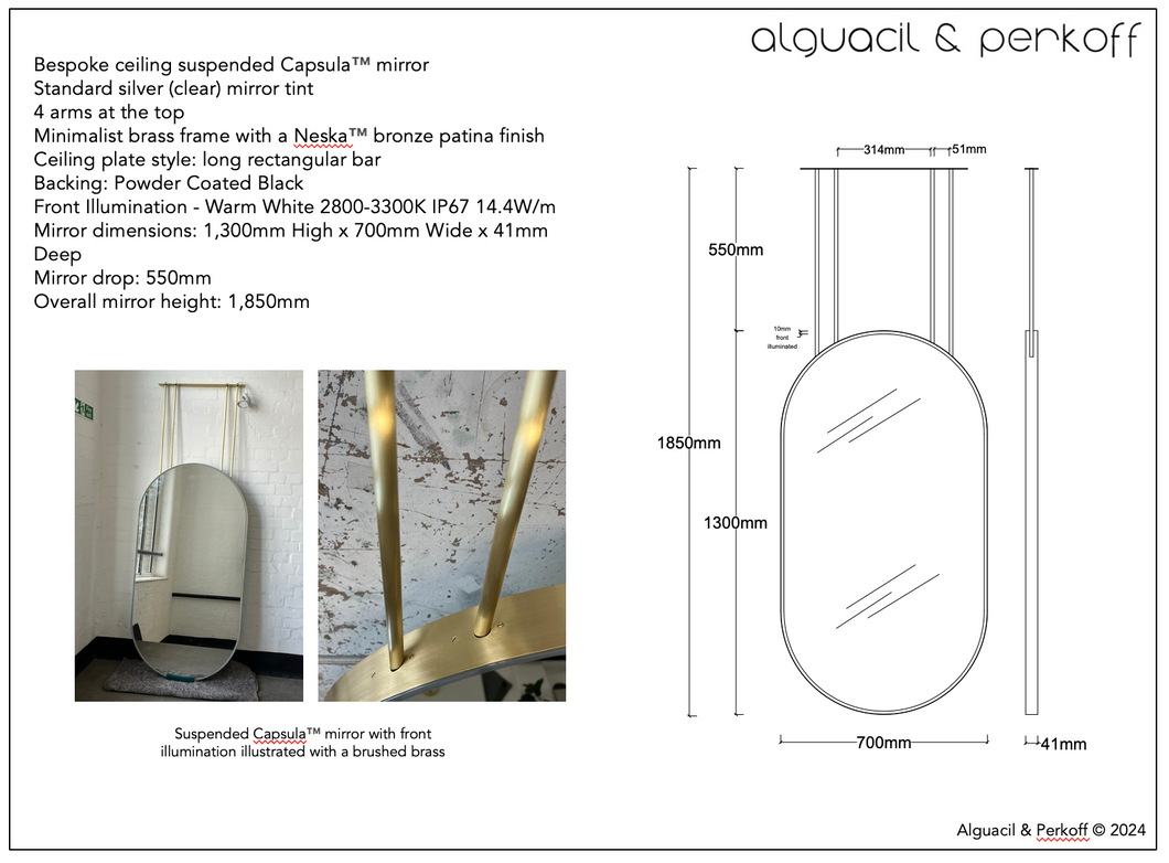 Bespoke Suspended Capsula™ Mirror Neska Patina Frame Front Illuminated 1300x700mm