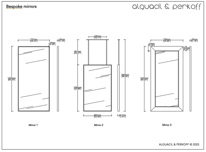 Set of Three Bespoke Mirrors - Quadris™ Mirrors - One Suspended - All with Nickel Plated Frames