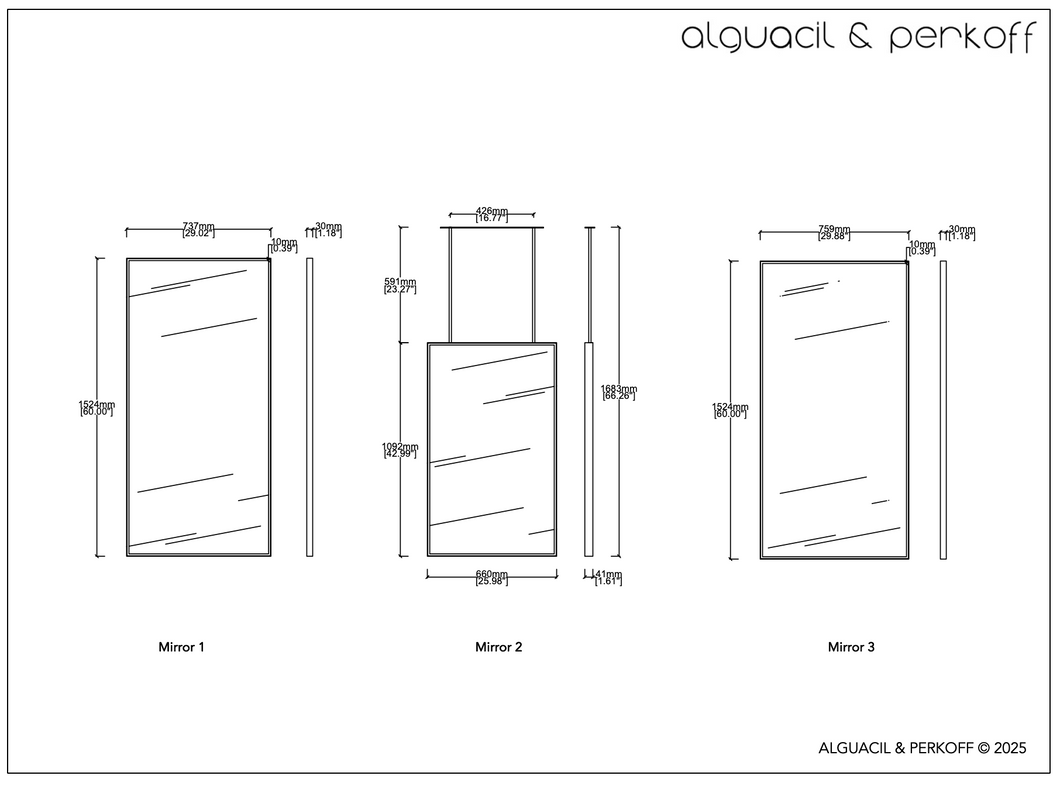 Set of Three Bespoke Mirrors - Quadris™ Mirrors - One Suspended - All with Nickel Plated Frames