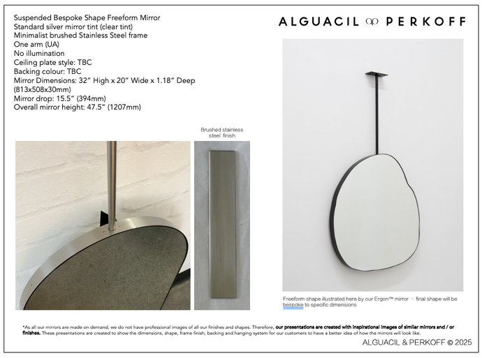 Suspended bespoke shape freeform mirror with brushed stainless steel frame 32x20