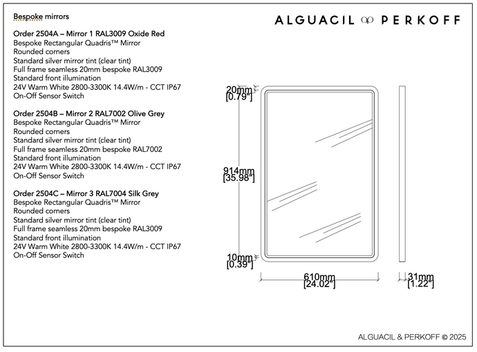 Supplement to Order 1668 - Illumination, sensor switch and bespoke RAL coloured frames