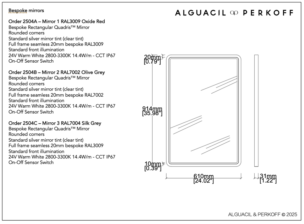 Supplement to Order 1668 - Illumination, sensor switch and bespoke RAL coloured frames