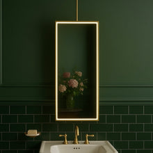 Ceiling Suspended Quadris Illuminated Rectangular Mirror with Minimalist Bronze Patina Frame
