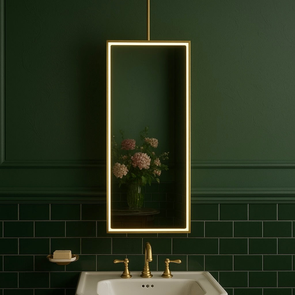 Ceiling Suspended Quadris Illuminated Rectangular Mirror with Minimalist Bronze Patina Frame