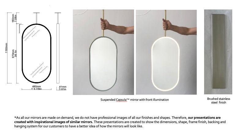 Set of 2 Bespoke Suspended Capsula™ Mirrors Brushed Stainless Steel Frame Front Illumination (970 x 480 x 41)