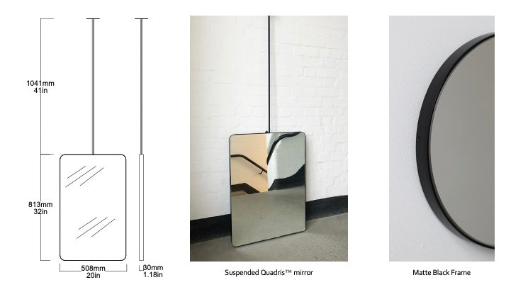 Set of 2 Bespoke Suspended Quadris™ mirrors Matte Black Frame (RAL 9005) 1 Rod (813 x 508 x 30mm)