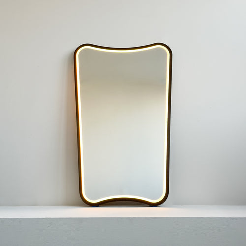 Mid-century inspired Wall Mirror with Front Illumination and Bronze Patina Frame