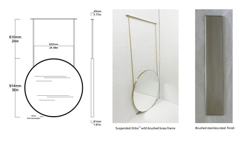 Set of 2 Bespoke Suspended Orbis™ Mirrors Brushed Stainless Steel Frame Front Illumination 2 rods (914 x 41mm)