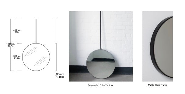 Bespoke Suspended Orbis™ Mirror Matte Black Frame 1 Rod (550 x 30mm)