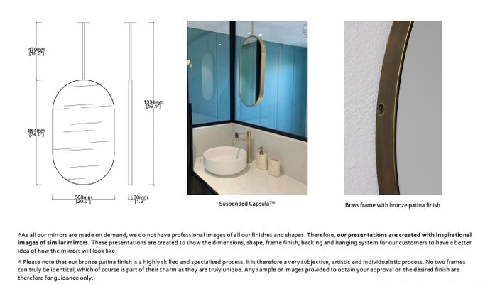 Set of 2 Bespoke Suspended Capsula Mirrors Brass Frame with Bronze Patina Finish 1 rod (864 x 508 x 30mm)