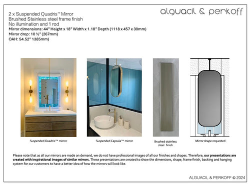 Set of 2 bespoke suspended Quadris™ mirror Brushed Stainless Steel Frame 1 Rod (1118 x 457 x 30mm)