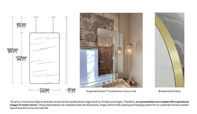 Set of 2 Bespoke Suspended Quadris™ Mirrors Brushed Brass Frame Finish 2 rods (1219 x 711 x 30mm)