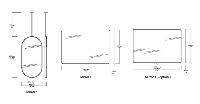 Set of 6 Bespoke Mirrors Brushed Stainless Steel Frame Finish Illuminated 4 x Suspended Capsula™ and 2 x Quadris™