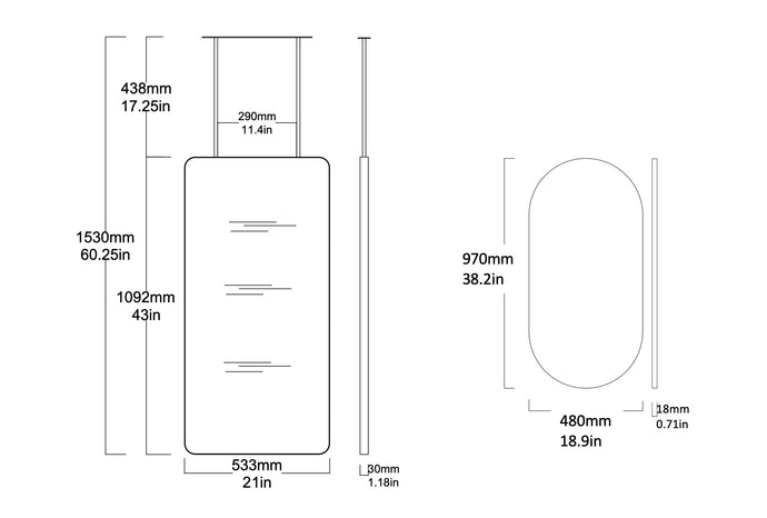 Set of 3 Bespoke Brushed Brass Frame Finish Mirrors: 2 x Suspended Quadris™ (1092 x 533 x 30mm) and 1 x Capsula™ (710 x 460 x 18mm)