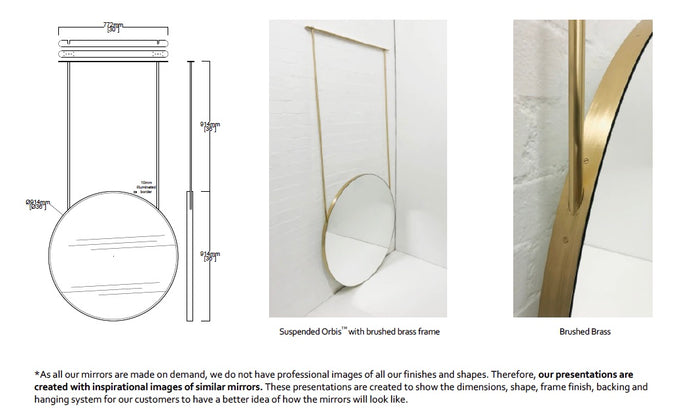 Bespoke Suspended Orbis™ Mirror Brushed Brass Frame and Backing 2 Rods Bespoke Capsule Long Bar Front Illumination – (914 x 41mm)
