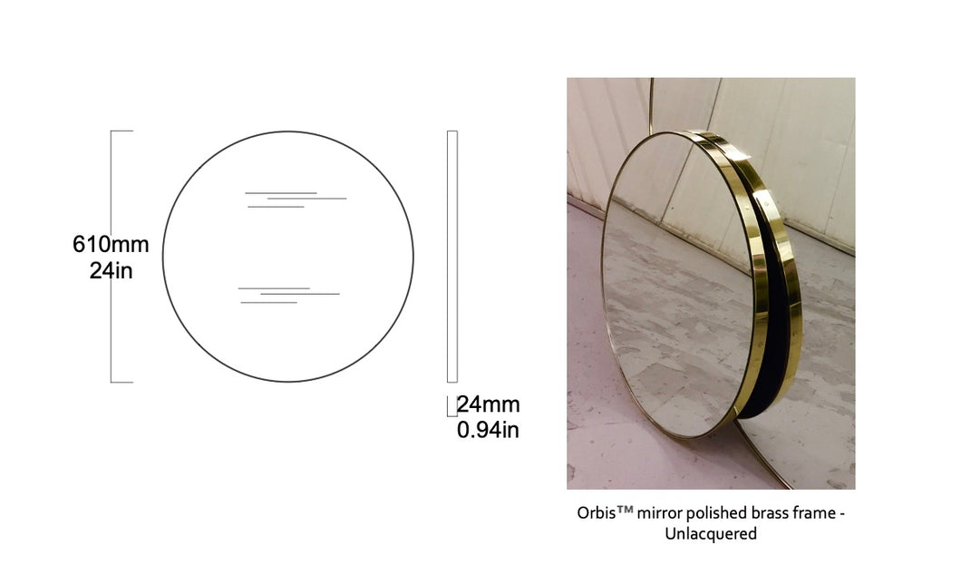 Bespoke Orbis™ Wall Hanging Mirror Polished Brass Frame Finish Unlacquered (610 x24mm)
