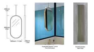 Set of 2 Bespoke Suspended Capsula™ Mirrors Brushed Stainless Steel Frame Finish   1 rod (600 x 300 x 41mm)