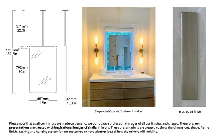 Set of 2 bespoke Suspended Quadris™ Mirror Polished Stainless Steel Frame Finish Front Illumination 1 rod (762 x 457 x 41mm)