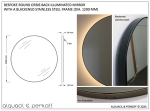 Bespoke Back Illuminated Round Black Mirror with a blackened metal frame