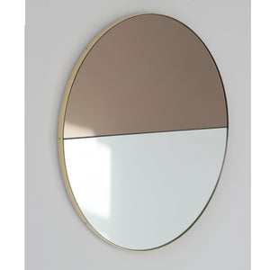 Orbis Dualis™ Mixed Tint (Silver + Bronze) Contemporary Round Mirror with Brass Frame