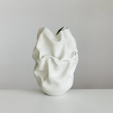 Unique Ceramic Sculpture Vessel, Medium Tall White Undulating Crumpled Form N.51, Objet d'Art