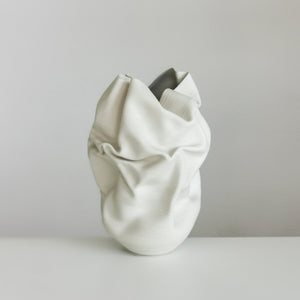 Unique Ceramic Sculpture Vessel, Medium Tall White Undulating Crumpled Form N.51, Objet d'Art