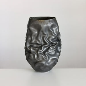 Unique Ceramic Sculpture Vessel, Tall Black Crumpled Form N.53, Objet d'Art