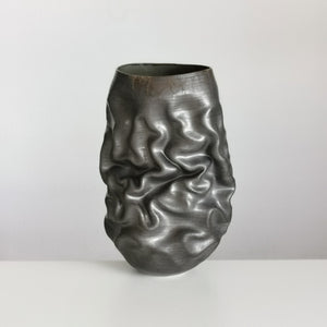 Unique Ceramic Sculpture Vessel, Tall Black Crumpled Form N.53, Objet d'Art