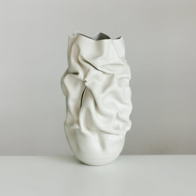 Unique Ceramic Sculpture Vessel, Tall White Slashed Crumpled Form N.60, Objet d'Art